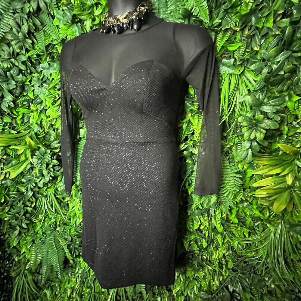 DEAR MOON Women Dress Size 7 Black Formal Mini illusion Neckline Party 0448